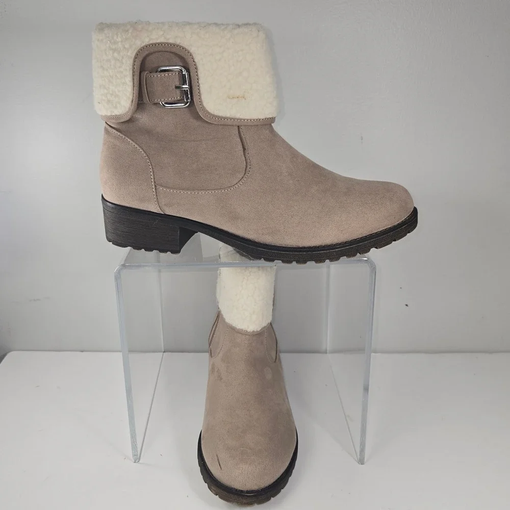 Serra‎ Shearling Trim Ankle Boots Womens 9 Tan Faux Suede Buckle Zip